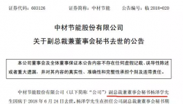 中材節能副總裁兼董秘楊澤學因病去世